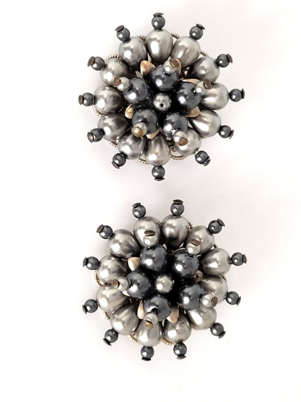 Vintage Grey Faux Pearl Burst Earrings Gold Tone Accent Pinned Clip on 1.5"